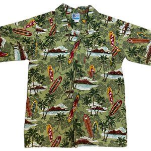 RJC Green and Red 100% Cotton Men's Hawaiian Shirt with Surfboards and Islands